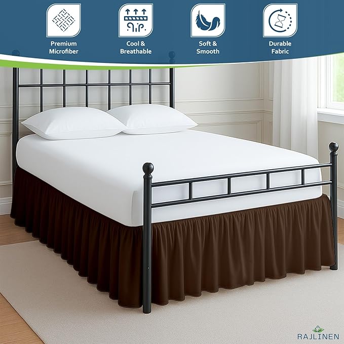 Rajlinen Ruffled Bed Skirt Queen, 12 Inch Drop Dust Ruffle with Split Corners, 100% Microfiber Bedskirt with Platform, Three-Sided Coverage Ruffled Gathering Design, Chocolate