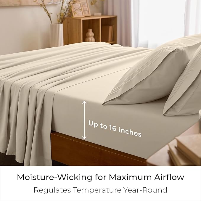 Mellanni King Sheet Set - 6-Piece Iconic Collection Bedding, (Including 4 Pillowcases), 16-Inch Deep Pocket, Easy Care, Extra Soft, Cooling Sheets, Brushed Microfiber - Beige