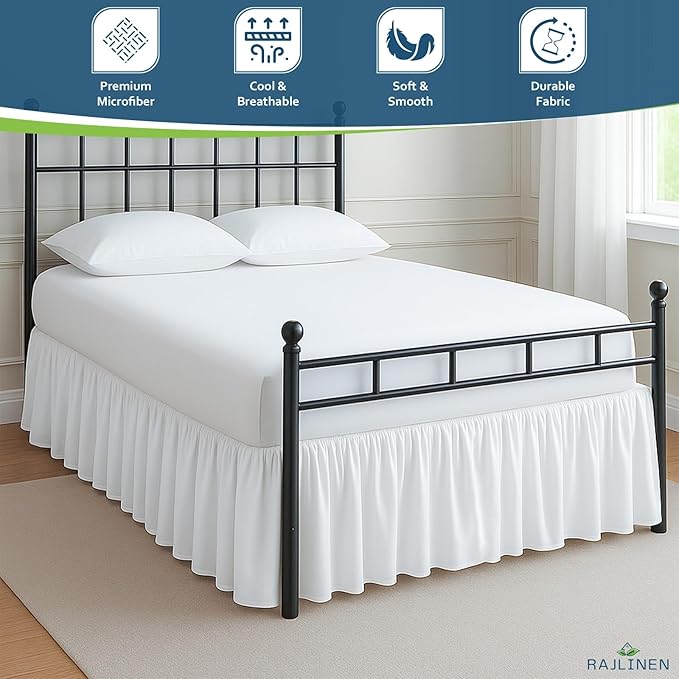 Rajlinen Ruffled Bed Skirt Twin XL, 21 Inch Drop Dust Ruffle with Split Corners, 100% Microfiber Bedskirt with Platform, Three-Sided Coverage Ruffled Gathering Design, White
