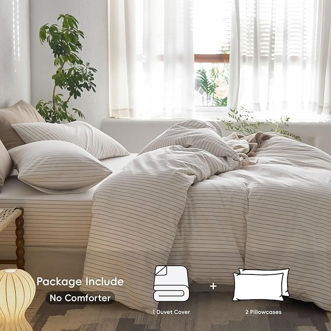 MooMee Striped Duvet Cover Set 100% Washed Cotton Linen Like Textured Breathable Durable Soft Comfy (White Tannish Linen Grey Wide Stripes, Alaska King 132"x120")