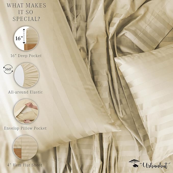 URBANHUT 800 Thread Count 100% Cotton Damask Twin Size Sheets, 4 Piece Striped Twin Size Bedsheets, Luxury Hotel Sheets Sateen Weave - Better Than Egyptian, 14" Elasticized Deep Pocket- Sand