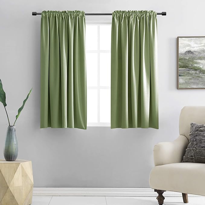 DONREN 48 Inch Length Sage Blackout Curtains for Bedroom - Small Window Treatment Rod Pocket Curtain Drapes (Set of 2 Panels,52 W x 48 L)