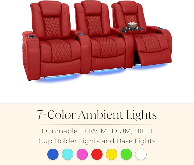 Seatcraft Diamante Zero-Gravity CoolZero Italian Leather Home Theater Seating, Power Headrest, Power Recline, Row of 5 Middle Sofa, Red