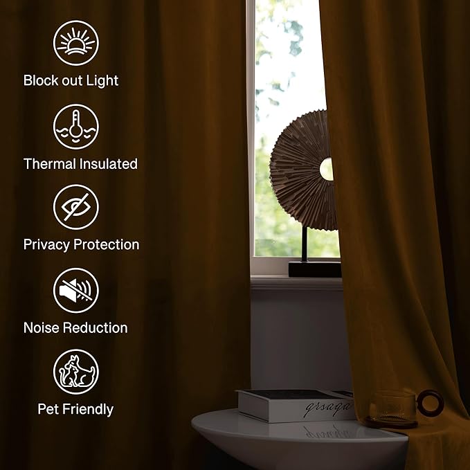 StangH 120 inches Curtains Gold Brown Blackout Velvet Drapes for Bedroom, Retro Thermal Insulated Light Blocking Window Curtains for Living Dining Room, W52 x L120, 2 Panels