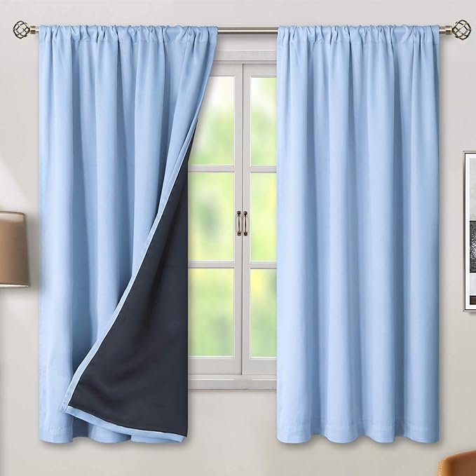 BGment Thermal Insulated 100% Blackout Curtains for Bedroom with Black Liner, Double Layer Full Room Darkening Noise Reducing Rod Pocket Curtain (52 x 63 Inch, Spa Blue, 2 Panels)