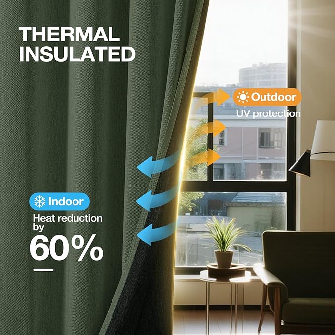100% Blackout Curtains Thick Soft Curtain 2 Panels Set for Small Bedrooms/Children's Rooms, Linen-Look Textured Full Light Blocking Room Darkening Thermal Insulated Drapes (W52xL54, Olive)