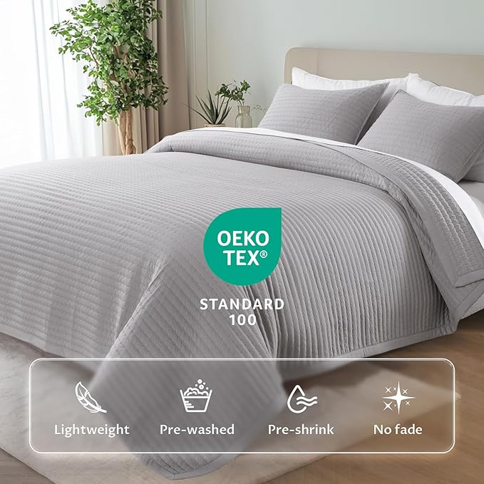 KASENTEX King XL Quilt Set 108"x98" – Soft Washed 3-Layer Lightweight Bedspread, Minimalist Nordic Design, All-Season Spring & Summer Quilt Set (1 Quilt + 2 Pillow Shams), Gull