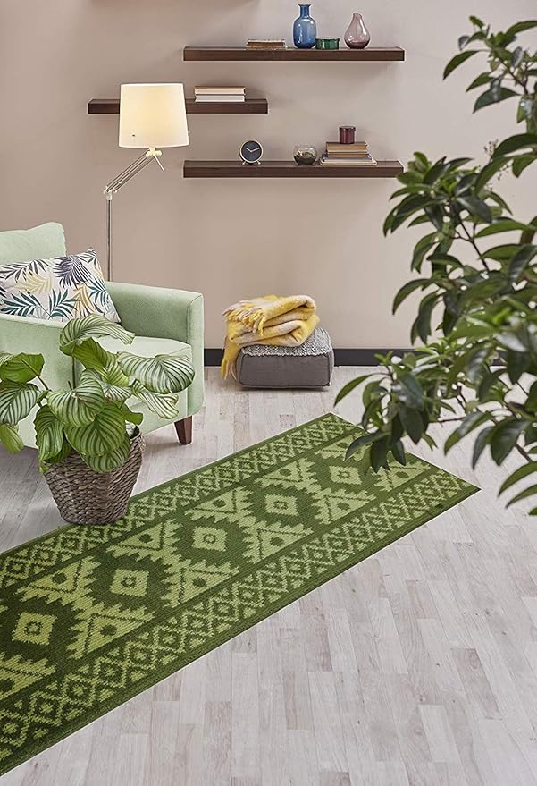 Custom Length Hallway Runner Rug,Slip Resistant,Southwestern Green, 26 Inch X 30 feet, Sold and Priced Per Foot