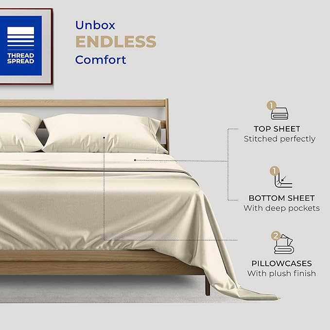 THREAD SPREAD 400 Thread Count 100% Pure Cotton Sheet, 4 PC Cal King Sheets Set, California King Cooling Sheets, Soft Breathable Bed Sheets, 16" Deep Pocket Sheets (Ivory)