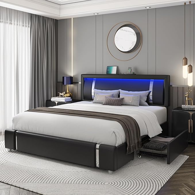 Keyluv King Size Bed Frame with RGB LED Lights & 2 Storage Drawers, Modern Upholstered Platform Bed with Iron Metal Decor, USB Charging Ports, Black