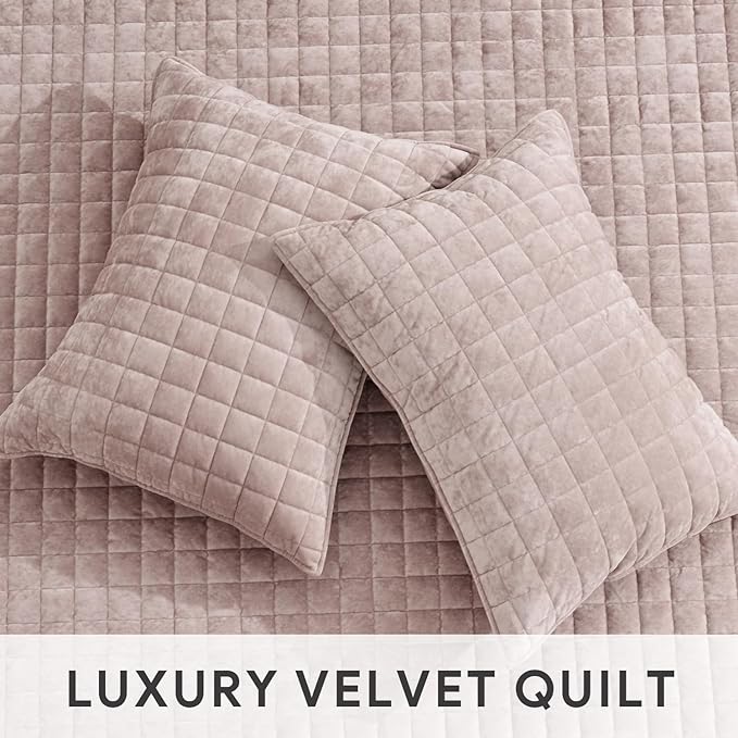 RECYCO Luxury Velvet Quilt Twin/Twin XL Size Bedding Set, Ultra Soft Velvet Comforter Set, Lightweight Quilted Channel Box Stitch Oversized Bedspread Coverlet for All Season, with 1 Sham, Rose Pink