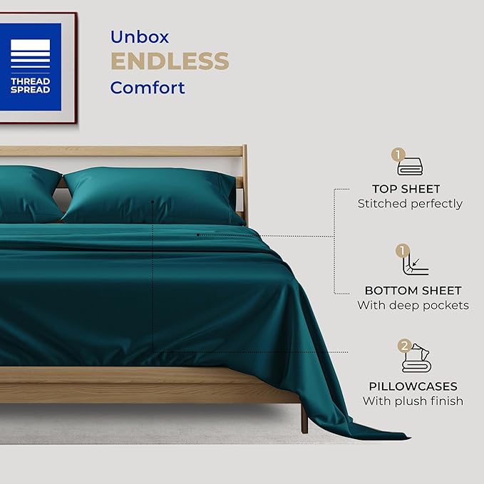 THREAD SPREAD King Size Cotton Sheets Set - 400 Thread Count 4 PC 100% Cotton Sheets for King Bed, 16 in Deep Pocket King Size Cotton Sheets Set for Hot Sleepers, Luxury Hotel Cooling Sheets (Teal)