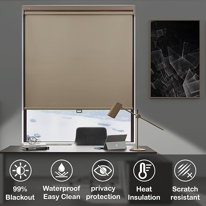 HESTIA No Drill Cordless Blackout Roller Shades Screwless Waterproof Shower Window Blinds, Auto-Retraction Easy Install Blind for Bathroom/Kitchen/Office/Exterior, Greige, 40" W x 54" H
