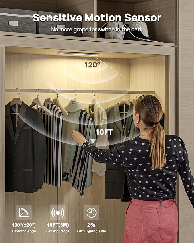 Under Cabinet Lights Wireless,Motion Sensor Light Indoor Closet Lights with Remote Control,3 Color Temps,LED Rechargeable Battery Operated,Under Counter Lights for Kitchen,Wardrobe,Stairs,4 Pack