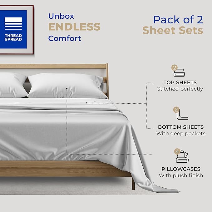 THREAD SPREAD 2-Pack Queen Size Sheets Set - 400 Thread Count 100% Cotton Sateen Weave - Extra Soft, Breathable, Hotel Quality Cooling Sheets, 2 Sets of Queen Size Deep Pocket Bed Sheets (Silver Grey)