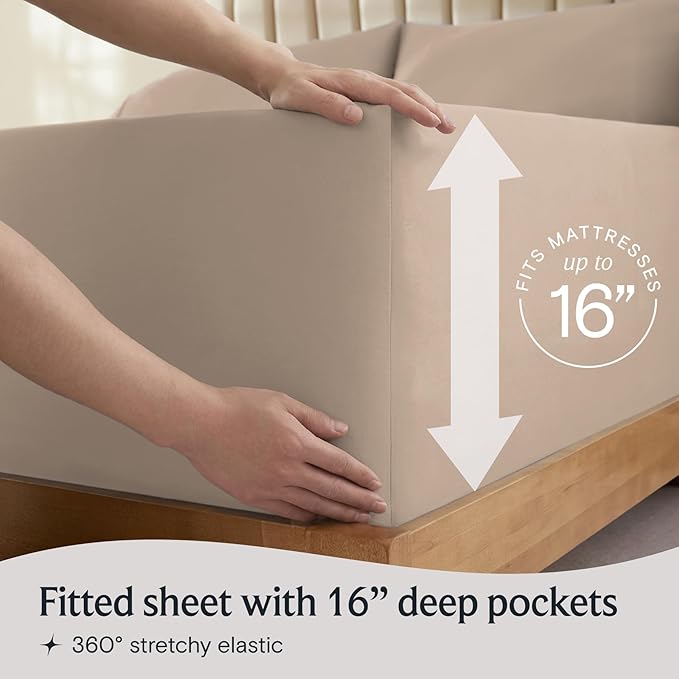 LuxClub 4 PC Queen Sheet Set, Deep Pockets Wrinkle Free Cooling Bed Sheets Hotel Bedding for Women, Men, Includes 1 Fitted Sheet, 1 Flat Sheet and 2 Pillowcases-Soft Light Khaki