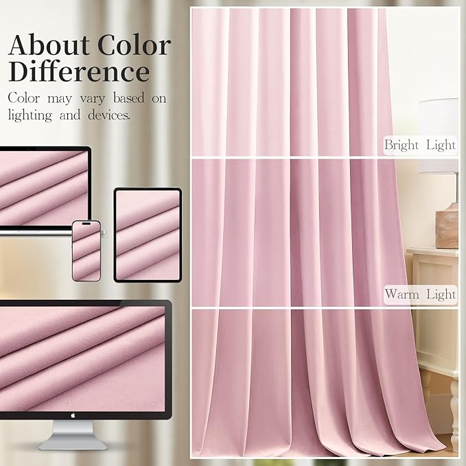 Baby Pink Velvet Curtains for Girls Bedroom, Super Soft Room Darkening Thermal Insulated Blackout Curtain Luxury Window Drapes for Living Room Nursery, Back Tab Rod Pocket, W52 x L90, 2 Panels