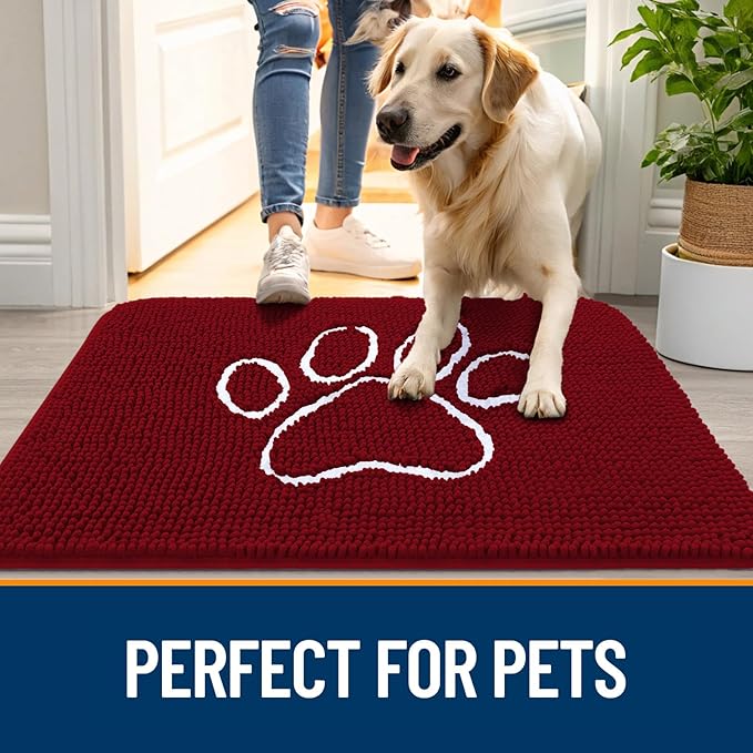 OLANLY Dog Door Mat for Muddy Paws 36x24, Paw Print Design, Absorbs Moisture and Dirt, Absorbent Non-Slip Washable Doormat, Quick Dry Chenille Mud Mat for Dogs, Entry Indoor Entryway Carpet, Red