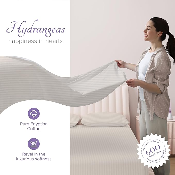 Carressa Linen Luxury Egyptian Cotton Full Stripe Sheet Set - 600 Thread Count Extra Long Staple 4 PC Set, Ivory Full Damask Sheets, Soft, Cooling Sateen Weave Sheets Upto 18 in Deep Pocket