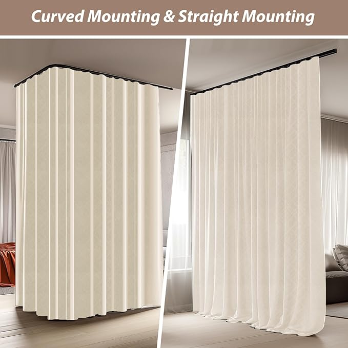 Room Divider Curtains with Ceiling Curtain Track Set Window Curtain for Bedroom,Living Room Total Blackout Thermal Insulated Privacy Ceiling Track Curtain W 6 × H 8 FT Beige drape&Black track