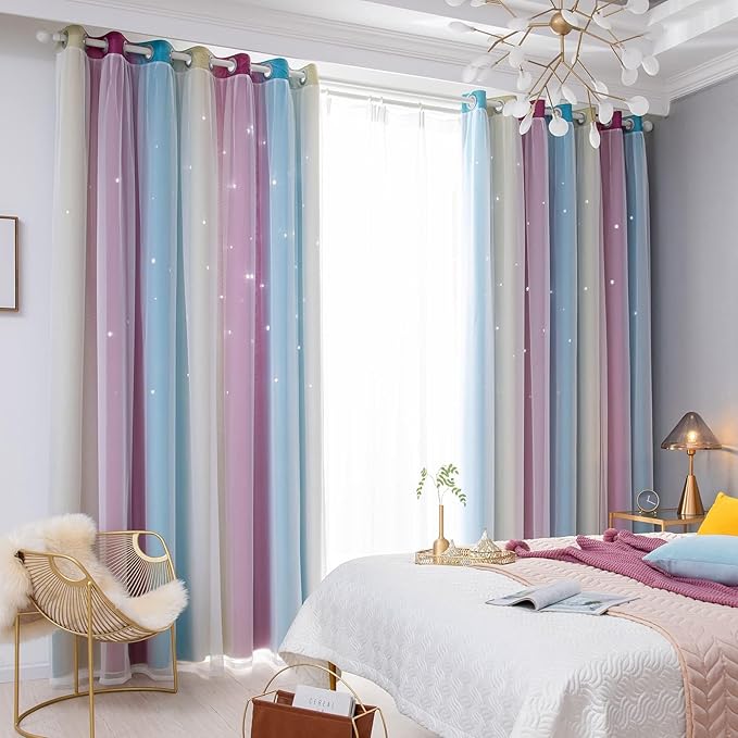 Star Blackout Curtains - Bedroom Cute Kids Rainbow, 96 Inch Long 2 Panels, Purple & Blue, 42 x 96 Inch
