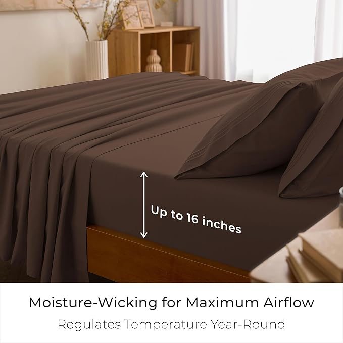 Mellanni Full Sheet Set - 6-Piece Iconic Collection Bedding, (Including 4 Pillowcases), 16-Inch Deep Pocket, Easy Care, Extra Soft, Cooling Sheets, Brushed Microfiber - Brown