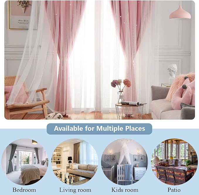 Stars Double Layer Blackout Curtains for Bedroom Kids, 72 Inches Long 2 Panels Set, Pink, 52 X 72 Inches