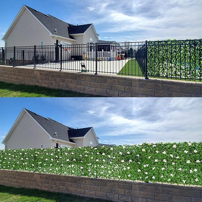 Sumery Expandable Fence Privacy Screen for Balcony Patio Outdoor,Decorative Faux Ivy Fencing Panel,Artificial Hedges (Single Sided Leaves) (4, White Flowers)