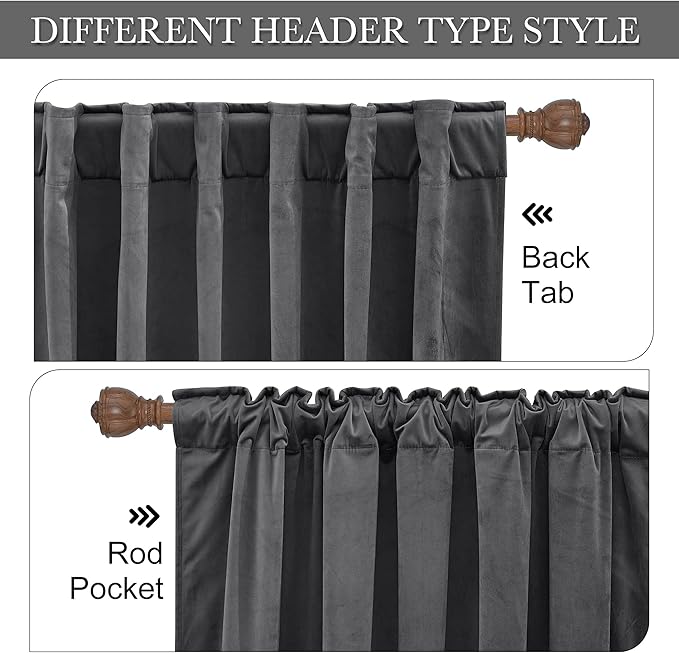 RYB Home Velvet Curtains for Living Room - Extra Long Luxury Back Tap Window Drapes Room Darkening Thermal Insulated Panels for Bedroom Home Office, Grey, W52 x L120 inches, 2 Pieces