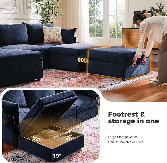 ABCASA 134.6" Oversized Modular Sectional Sofa, 6 Seater U Shaped Couch with Storage Ottoman with Reversible Chaise Deep Seat for Living Room, Apartment - Chenille Blue