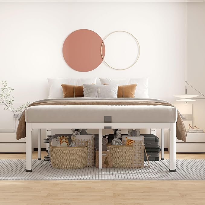 ROIL 20 Inch White Full Bed Frame with Rounded Corner and Headboard Hole Mattress Retainers, 3500LBS Heavy Duty Steel Slats No Box Spring Needed Platform Noise-Free Easy Assembly