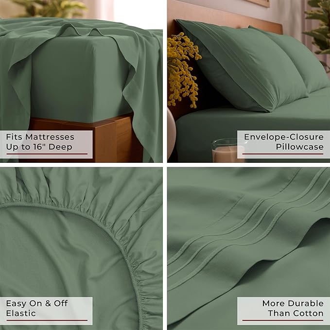 Mellanni Full Sheet Set - 6-Piece Iconic Collection Bedding, (Including 4 Pillowcases), 16-Inch Deep Pocket, Easy Care, Extra Soft, Cooling Sheets, Brushed Microfiber - Sage