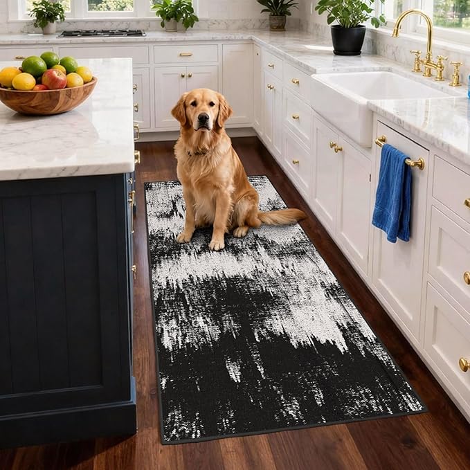 Machine Washable Runner Rug 2x6: Non Slip Hallway Rug Low Pile Kitchen Runner Soft Abstract Rug with Rubber Backing for Entryway Bedroom Bathroom Farmhouse Laundry Living Room Black White 2x6