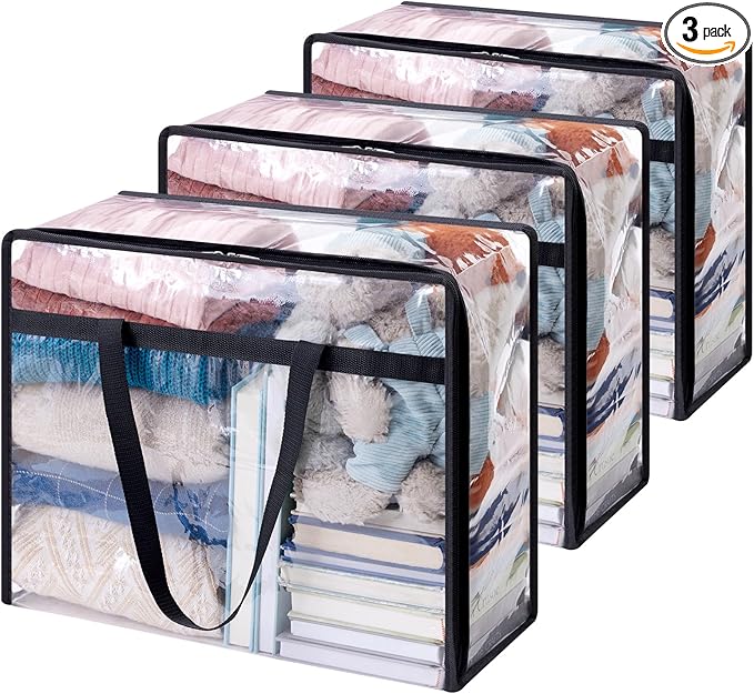 Lifewit 3 Pack Clear Clothes Storage Bags, 40L Plastic Blanket Storage Bag, Vinyl Foldable Moving Bags with Zipper, Closet Organizers and Storage Containers for Bedding, Duvet, Comforter