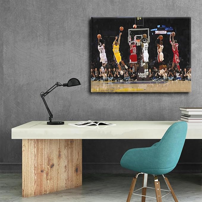 Basketball Legends Canvas Wall Art Print Poster, Iconic Sports Stars Shooting Inspirational Picture, Motivational Photography Wall Decor for Gym Dorm Home Office Living Room Bedroom, Framed 24x30inch