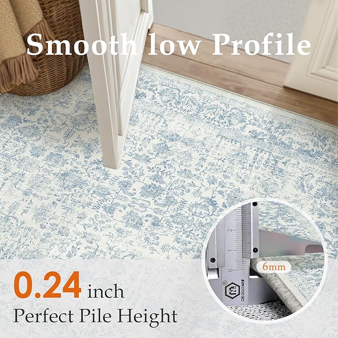 Blue Area Rug 5x8 Machine Washable Vintage Living Room Distressed Non Slip Carpet Traditional Indoor Bedroom Retro Floral Accent Throw Large Rug Office Kitchen Bathroom Dining Room