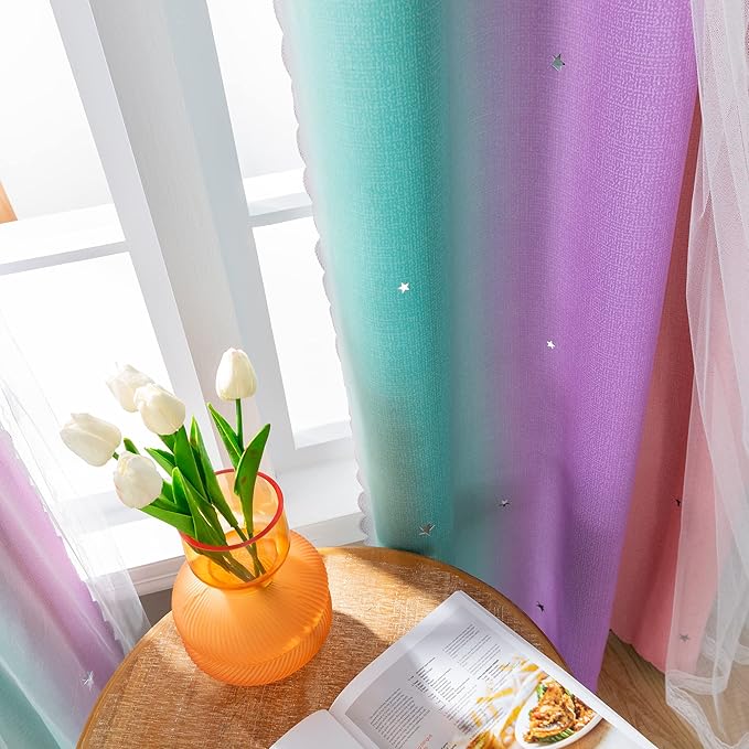 XiDi Curtains for Bedroom Decor, Rainbow Pink Purple Green 62/79/1
