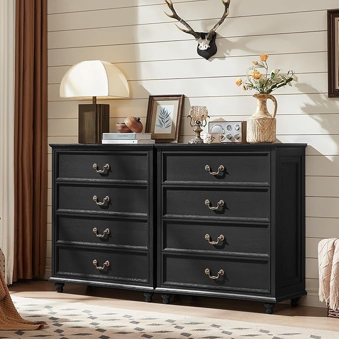 Farmhouse 4 Drawer Dresser Set of 2 for Bedroom, 37" Tall Rustic Chests of Drawers w/ 4 Solid Wood Feet, Mid Century Vintage Wooden Closet Storage Dressers Organizer for Living Room, Black