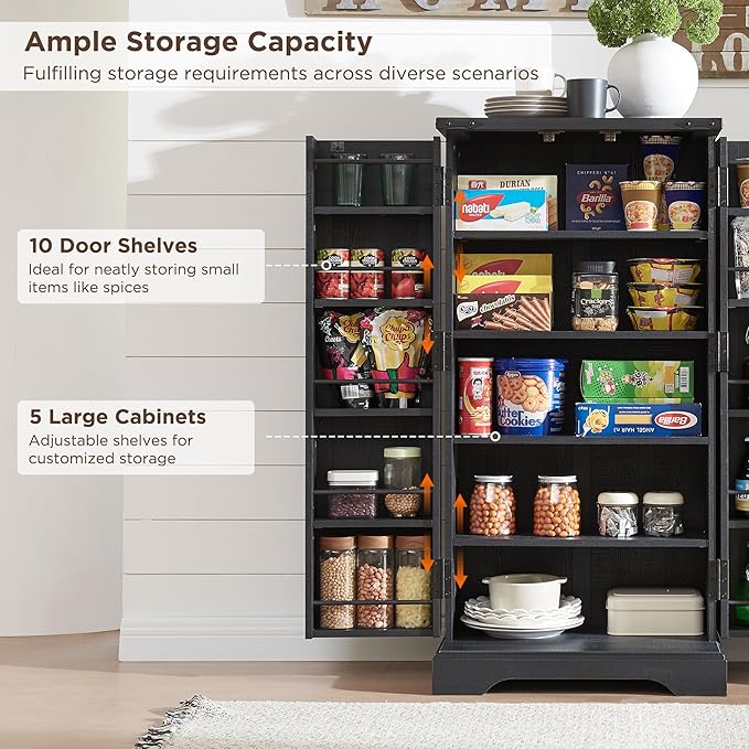 ACCOHOHO 47" Kitchen Pantry, Farmhouse Storage Cabinet with Barn Doors, Organizer and Adjustable Shelves, Rustic Wood Cupboard for Kitchen, Dining Room, Bathroom and Hallway, Black