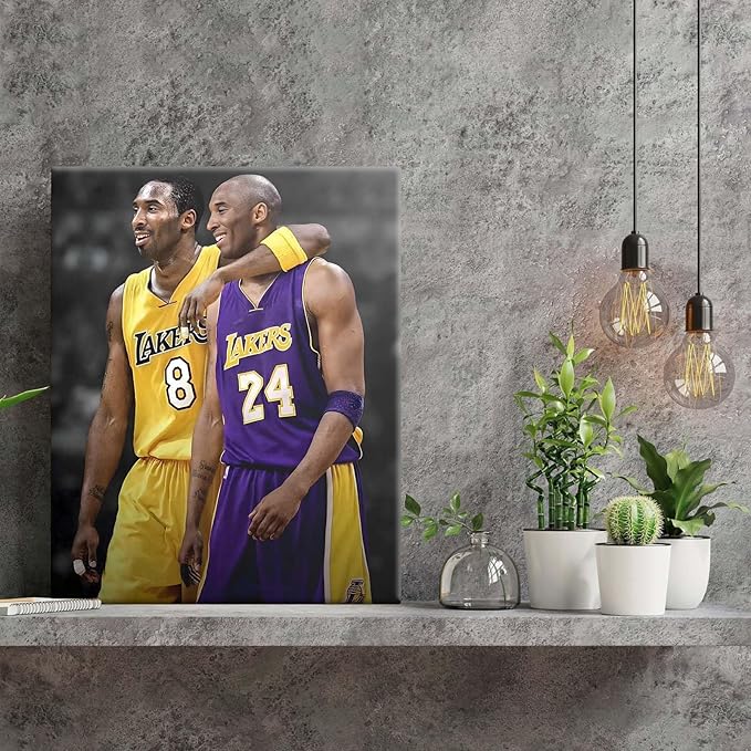 Kobe Bryant Canvas Wall Art Print Poster, Iconic Basketball Player Dual-Era Tribute Artwork, No. 8 and No. 24 Jersey Mamba Mentality Wall Decor for Home Gym Dorm Office Living Room, Framed 11x14inch
