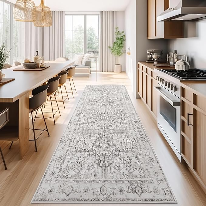 jinchan Lima Kitchen Runner Rug 3x10 - Vintage Floral Machine Washable Non-Slip Hallway Runner Rug with Rubber Backing Ultra-Thin Carpet for Bedroom Laundry Room Farmhouse (3x10ft, Taupe)