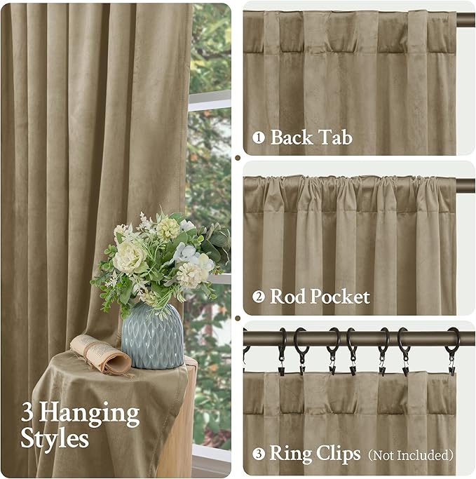 LAMIT Dark Taupe Velvet Curtains for Living Room, 108 Inch Thick Room Darkening Drapes Room Decor Back Tab and Rod Pocket Thermal Panels for Bedroom/Farmhouse, 2 Panels, 52 x 108 Inch