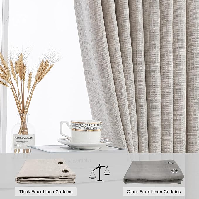 Jacquard Linen Curtains 96 inch Length 2 Panels Thick Faux Linen Blended Window Drapes Burlap Textured Curtains with Grommet for Living Room Bedroom Farmhouse (52x96 Beige) Natural