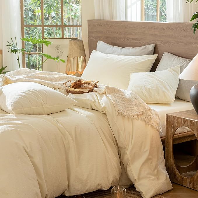 MooMee Wavy Striped Duvet Cover Set 100% Washed Cotton Linen Like Textured Breathable Durable Soft Comfy (Cream White, Super King 108"x98")