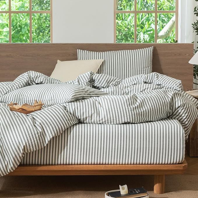 MooMee Striped Duvet Cover Set 100% Washed Cotton Linen Like Textured Breathable Durable Soft Comfy (Heathered Green Classic Stripes, Alaska King 132"x120")
