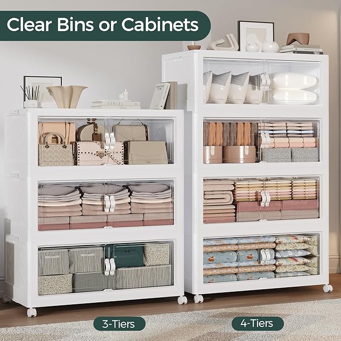 880QT Extra Large Stackable Storage Bins with Lid, 220Gal Collapsible Storage Box with Wheels and Doors, Plastic Closet Organizers and Storage Cabinet for Home Kitchen Office Dorm, 4Pack White