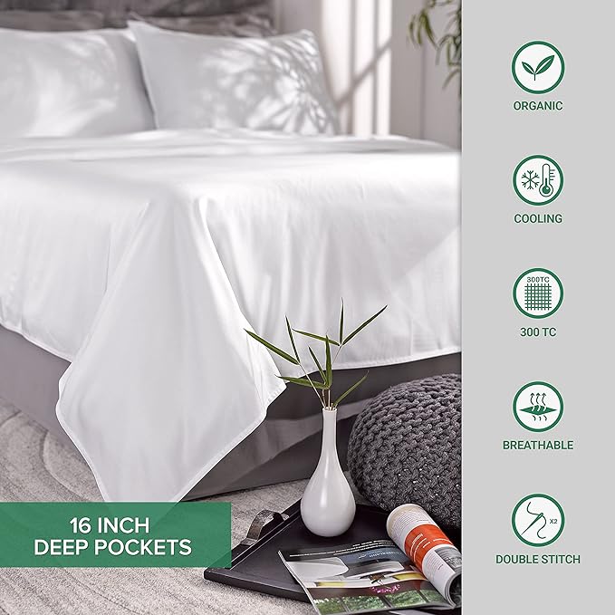 Pure Bamboo Queen Sheets, Genuine 100% Organic Viscose Derived from Bamboo Bed Sheet Set, Luxuriously Soft & Cooling, Double Stitching, 2 Year Quality Promise (Queen, Sea Glass)