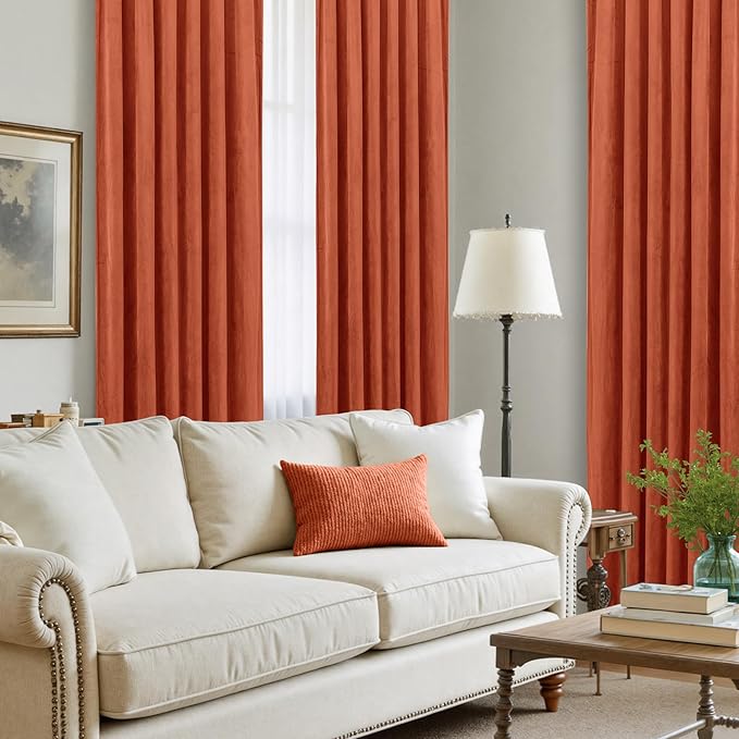 LAMIT Terracotta Velvet Curtains for Living Room, 96 Inch Thermal Insulated Noise Reducing Panels Rustic Vintage Room Darkening Drapes with Back Tab and Rod Pocket, 2 Panels, 52 x 96 Inch