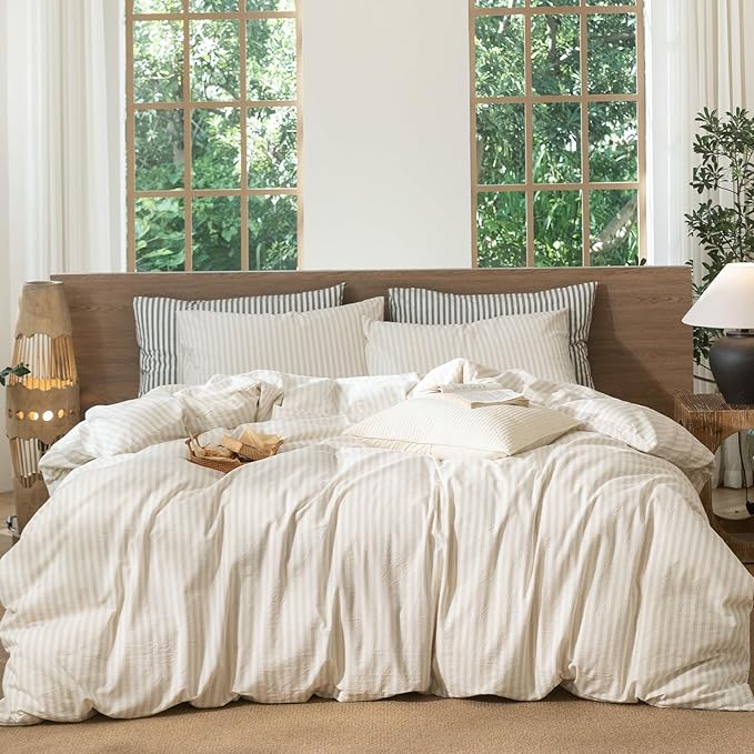 MooMee Striped Duvet Cover Set 100% Washed Cotton Linen Like Textured Breathable Durable Soft Comfy (Almond Milk Grey Classic Stripes, Super King 108"x98")