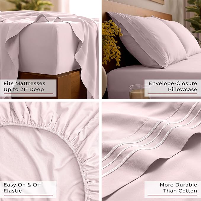 Mellanni Queen Sheet Set - 6-Piece Iconic Collection Bedding, (Including 4 Pillowcases), 21-Inch Extra Deep Pocket, Easy Care, Ultra Soft, Cooling Sheets, Brushed Microfiber - Blush Pink